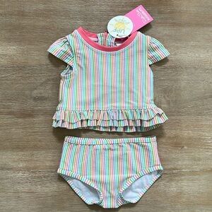RuffleButts Rainbow Seersucker Sleeve Ruffle 2 Piece Swimsuit 6-12 12-18 months